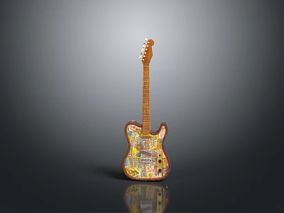 Colorful Sticker Decorated Electric Guitar With Wooden Body And Reflective Base 3d model