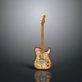 Colorful Sticker Decorated Electric Guitar With Wooden Body And Reflective Base