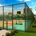 Outdoor Basketball Court With Green Fence Colorful Floor Trees And Grass Around