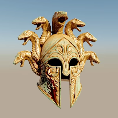 Ancient Greek Style Ornate Helmet With Coiled Snake Heads And Intricate Carvings 3d model