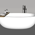 White Oval Bathtub With Light Blue Water Wooden Shelf Towels And Black Faucet