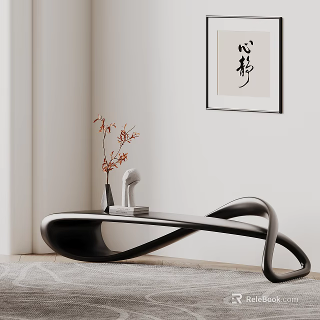 Modern Unique Curved Stool in Living Room Interior with Vase Sculpture and Calligraphy Artwork 3d model 