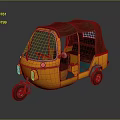 Orange Three Wheeled Tuk Tuk Vehicle With Brown Canopy And Green Seats
