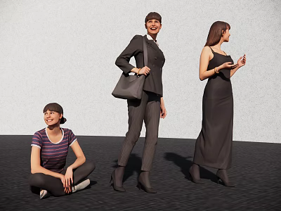 Three Women In Casual Professional And Elegant Outfits Sitting Standing And Using Mobile Phone 3d model