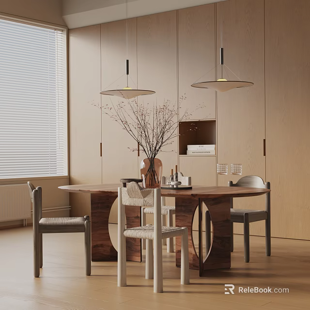 Modern Wooden Dining Table Set With Chairs Pendant Lights Vase Branches And Wine Glasses 3d model 