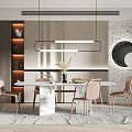 Modern Marble Dining Table Set With Light Pink Chairs And Linear Pendant Light 3d model
