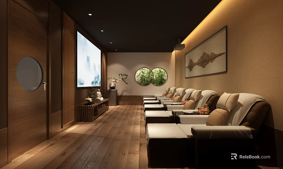 SPA Sauna Comfortable Lounge With Recliner Chairs Wooden Floors And Round Green Decorations 3d model 