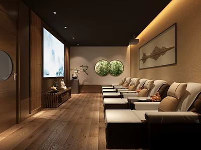 SPA Sauna Comfortable Lounge With Recliner Chairs Wooden Floors And Round Green Decorations 3d model