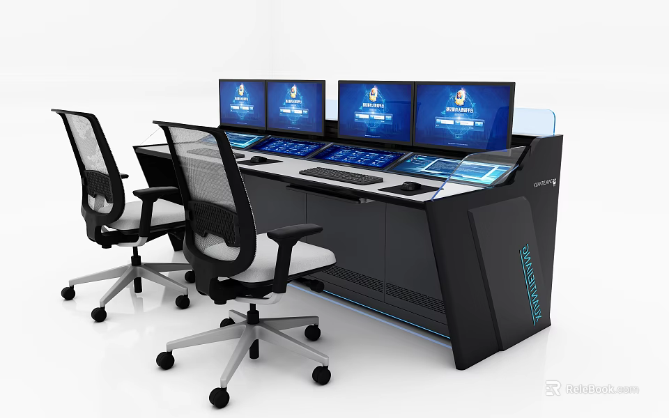 Modern Functional Desk Featuring Multiple Screens Control Panel And Rolling Chairs 3d model