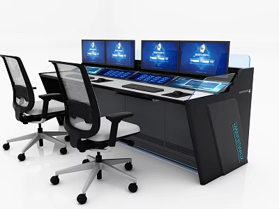 Modern Functional Desk Featuring Multiple Screens Control Panel And Rolling Chairs 3d model