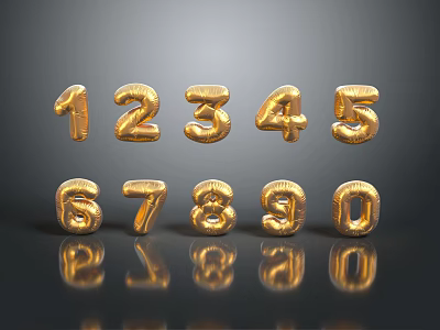 Gold Balloon Numbers From 1 To 0 With Shiny Reflections On Dark Background 3d model