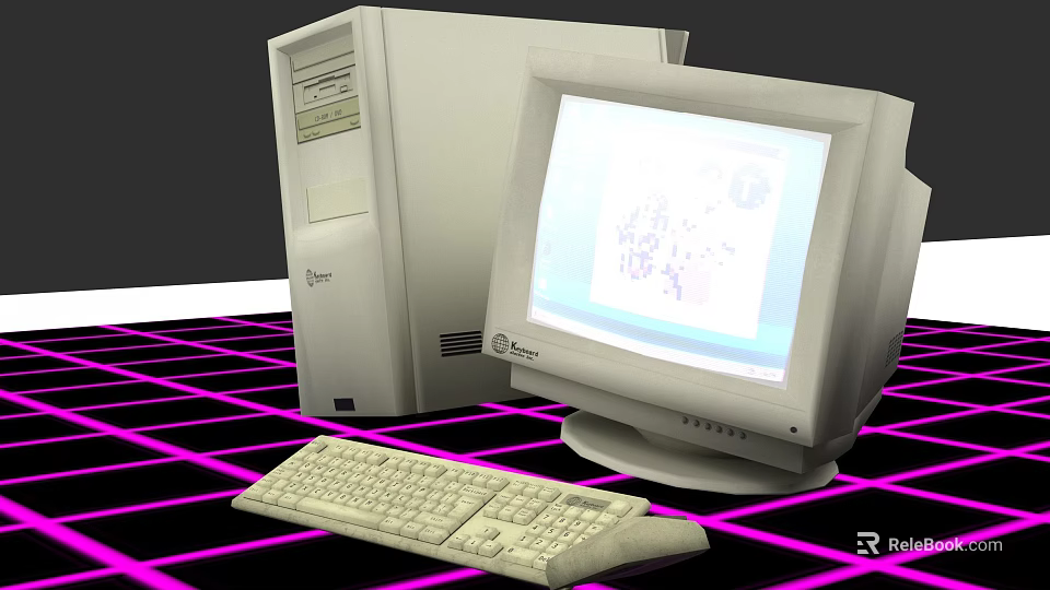 Vintage Retro Desktop Computer System With Tower Monitor And Keyboard 3d model 