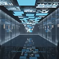 Modern High Tech Exhibition Hall With Illuminated Showcases And Digital Displays