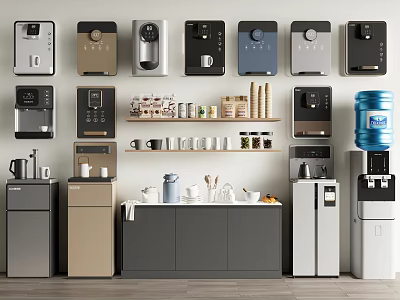 Various Modern Daily Use Appliances Display With Coffee Makers Water Dispensers Refrigerators And Kettles 3d model