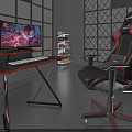 Gaming Desk with Keyboard Monitor and Gaming Chair in Grid Decor Purple Blue Lighting Room