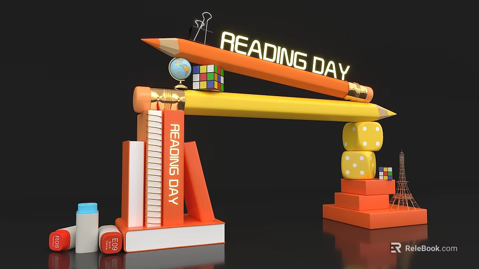 Reading Day Event Entrance With Pencil Books Dice And Eiffel Tower Model 3d model 