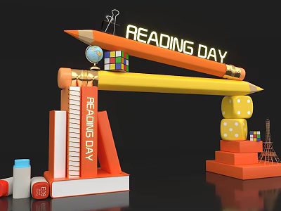 Reading Day Event Entrance With Pencil Books Dice And Eiffel Tower Model 3d model