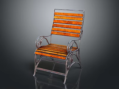 Leisure Chair Featuring Wooden Slats Seat Backrest And Metal Frame With Curved Armrests 3d model