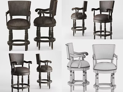 Vintage Leather Bar Stools With Armrests 3D Models In Various Angles 3d model