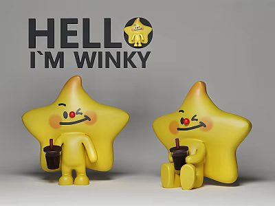 Hello Im Winky Yellow Star Shaped Dolls Standing And Sitting With Red Nose Holding Drink 3d model
