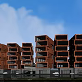 Modern Multi Story Residential Building with Orange Facade Large Windows Water Feature and Green Plants