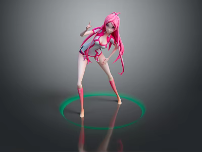 Pink Haired Character In Pink White Outfit With Green Glowing Ring Standing On Gray Background 3d model
