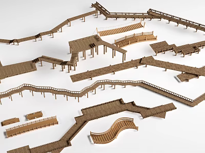 Wooden Landscape Bridges With Various Designs Shapes And Railing Structures 3d model