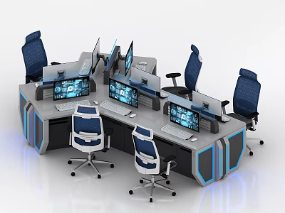 Modern Control Room with Multiple Computer Monitors Workstations and Blue Chairs 3d model