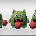 Cute Green Cartoon Monster Toys With Yellow Horns Ears Spots And Red Balls
