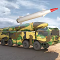 Camouflage Military Functional Vehicle With Missile Launch System On Desert Terrain