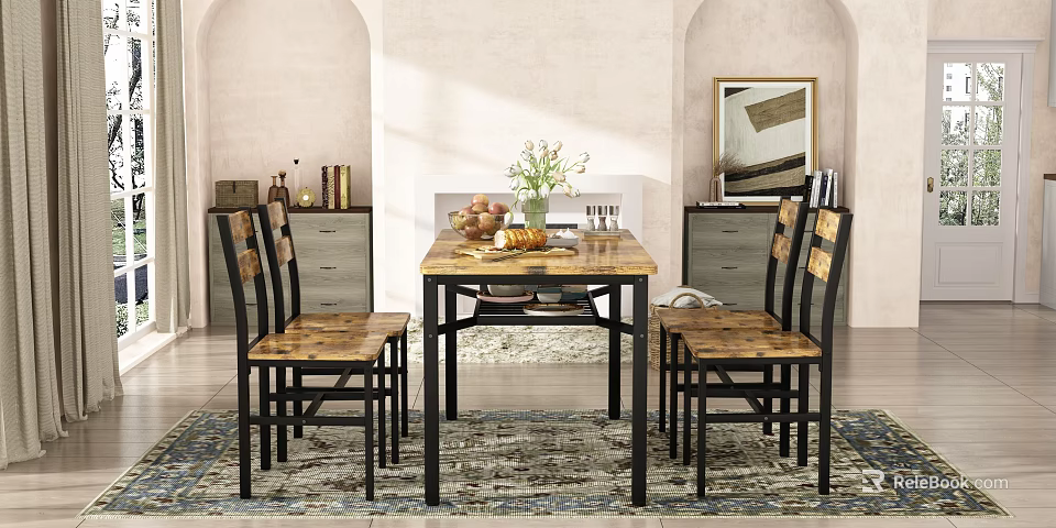 Warm Modern Restaurant Interior With Wooden Dining Table Chairs Vase Fruits And Decorative Painting 3d model 
