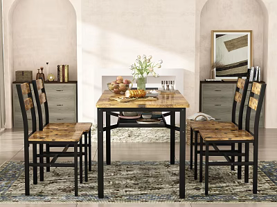 Warm Modern Restaurant Interior With Wooden Dining Table Chairs Vase Fruits And Decorative Painting 3d model