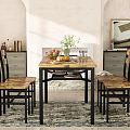 Warm Modern Restaurant Interior With Wooden Dining Table Chairs Vase Fruits And Decorative Painting