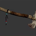 Primitive Tribal Weapon Axe With Wooden Handle Leather Straps Colorful Beads And Bone Head