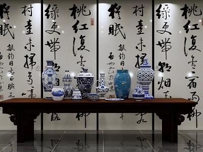Traditional Chinese Calligraphy Art with Blue and White Porcelain on Wooden Table 3d model
