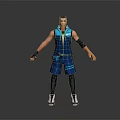 3D Character In Blue Vest And Shorts With Black Wristbands Standing On Gray Background