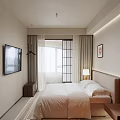 Modern Bedroom Interior With Wooden Headboard White Bedding Area Rug Bedside Lamp And Wall Art