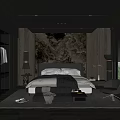 Dark Modern Bedroom Interior With Wooden Paneling Stone Wall Pendant Lights And Accent Chair