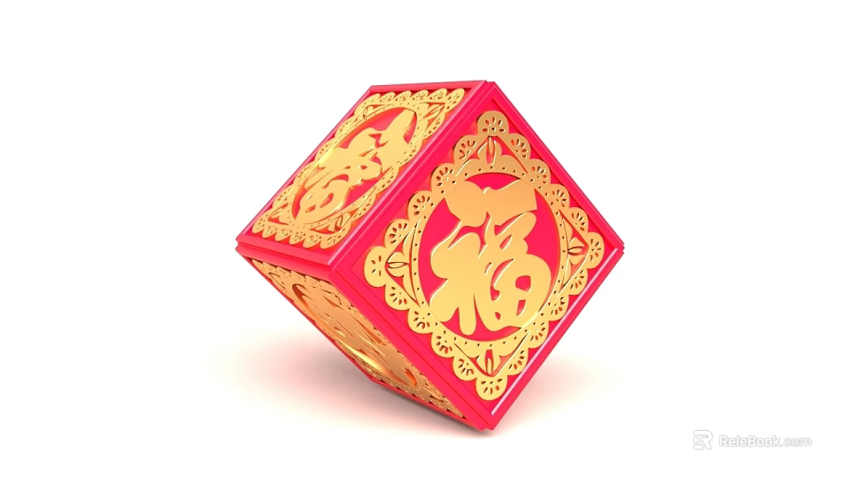 Traditional Festive Red Cube With Golden Fu Character And Decorative Patterns 3d model 