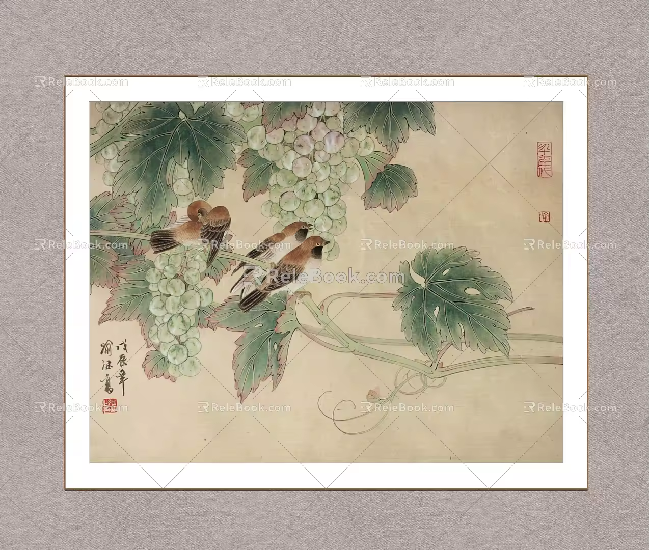 Decorative Painting Sparrow Grape Yu Jigao Flower and Bird Painting 3d model