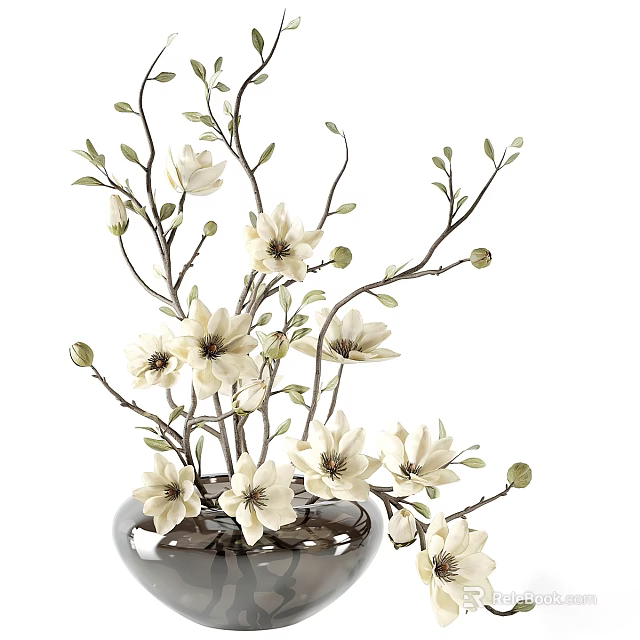 Elegant Silver Vase With White Magnolia Flowers And Green Branches 3d model 