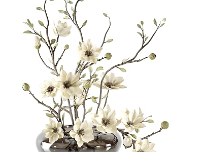 Elegant Silver Vase With White Magnolia Flowers And Green Branches 3d model