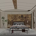 Elegant Chinese Bedroom Interior Design With Landscape Painting Bed Wooden Nightstands And Area Rug