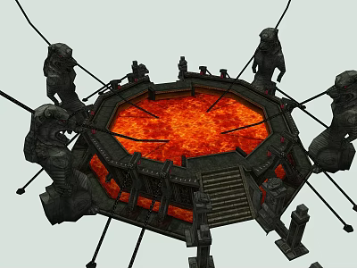 Mystical Ancient Circular Lava Pit Surrounded by Stone Statues and Stairs 3d model