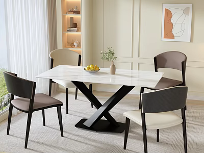 Modern Restaurant With Marble Top Dining Table Upholstered Chairs Window Curtains And Wall Art 3d model