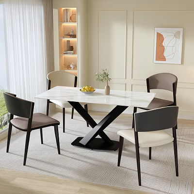 Modern Restaurant With Marble Top Dining Table Upholstered Chairs Window Curtains And Wall Art 3d model