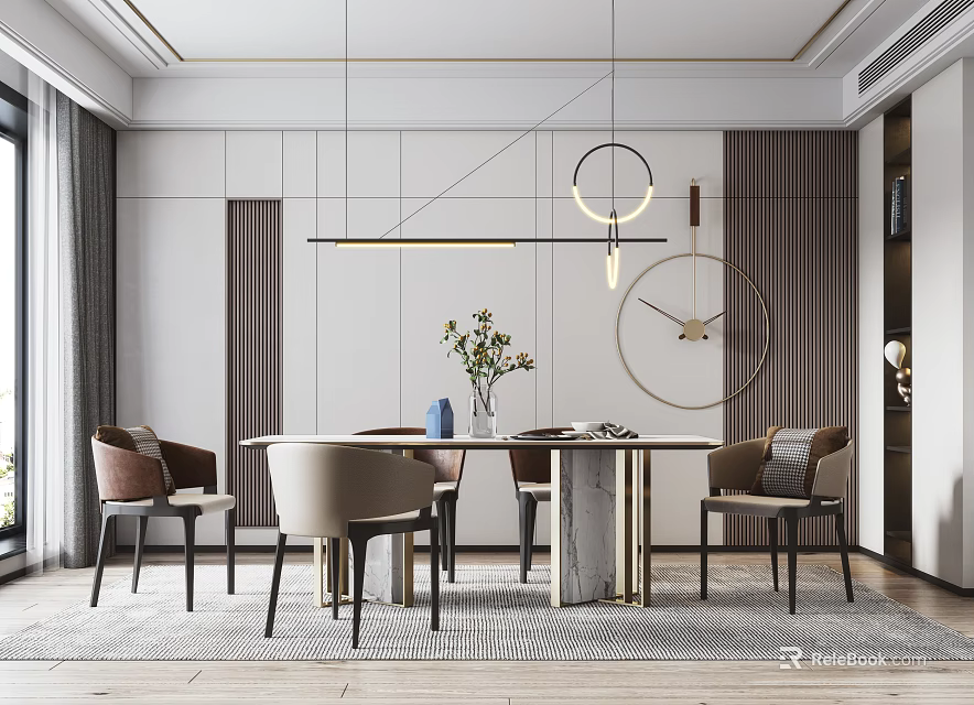 Modern Luxury Dining Table Set with Round Table Chairs Pendant Lights and Wall Clock 3d model