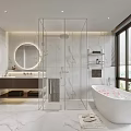 Modern Luxury Bathroom Interior With Marble Walls Glass Shower Partition And Smart Toilet