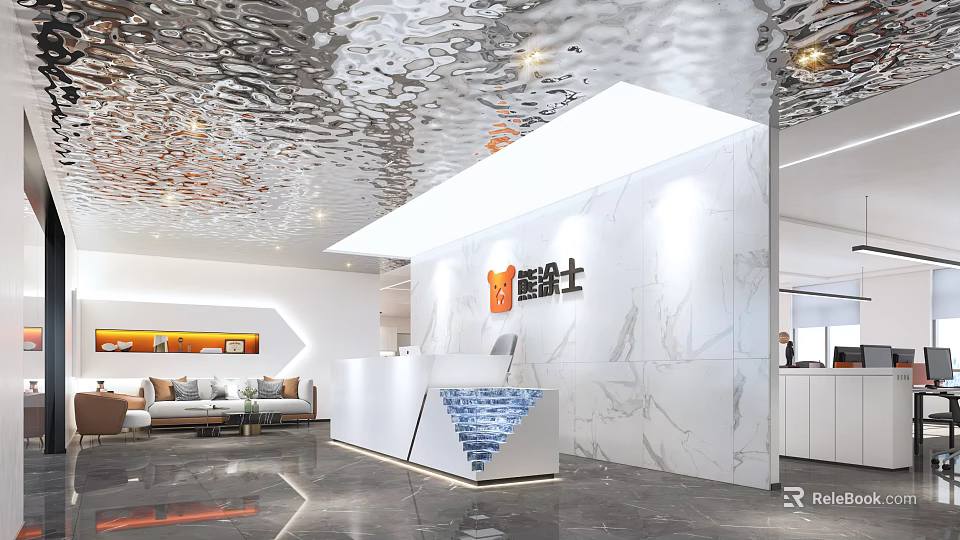 Modern Lobby Front Reception Desk With White Marble Wall Sofa Area And Stylish Ceiling Design 3d model 