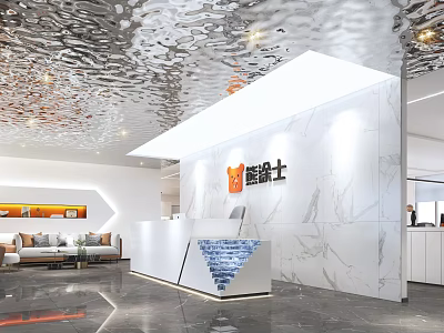 Modern Lobby Front Reception Desk With White Marble Wall Sofa Area And Stylish Ceiling Design 3d model